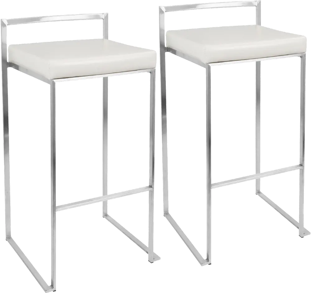 BS-FUJI W2 Fuji Low Back Stainless & White Faux Leather Barstools, Set of 2-1