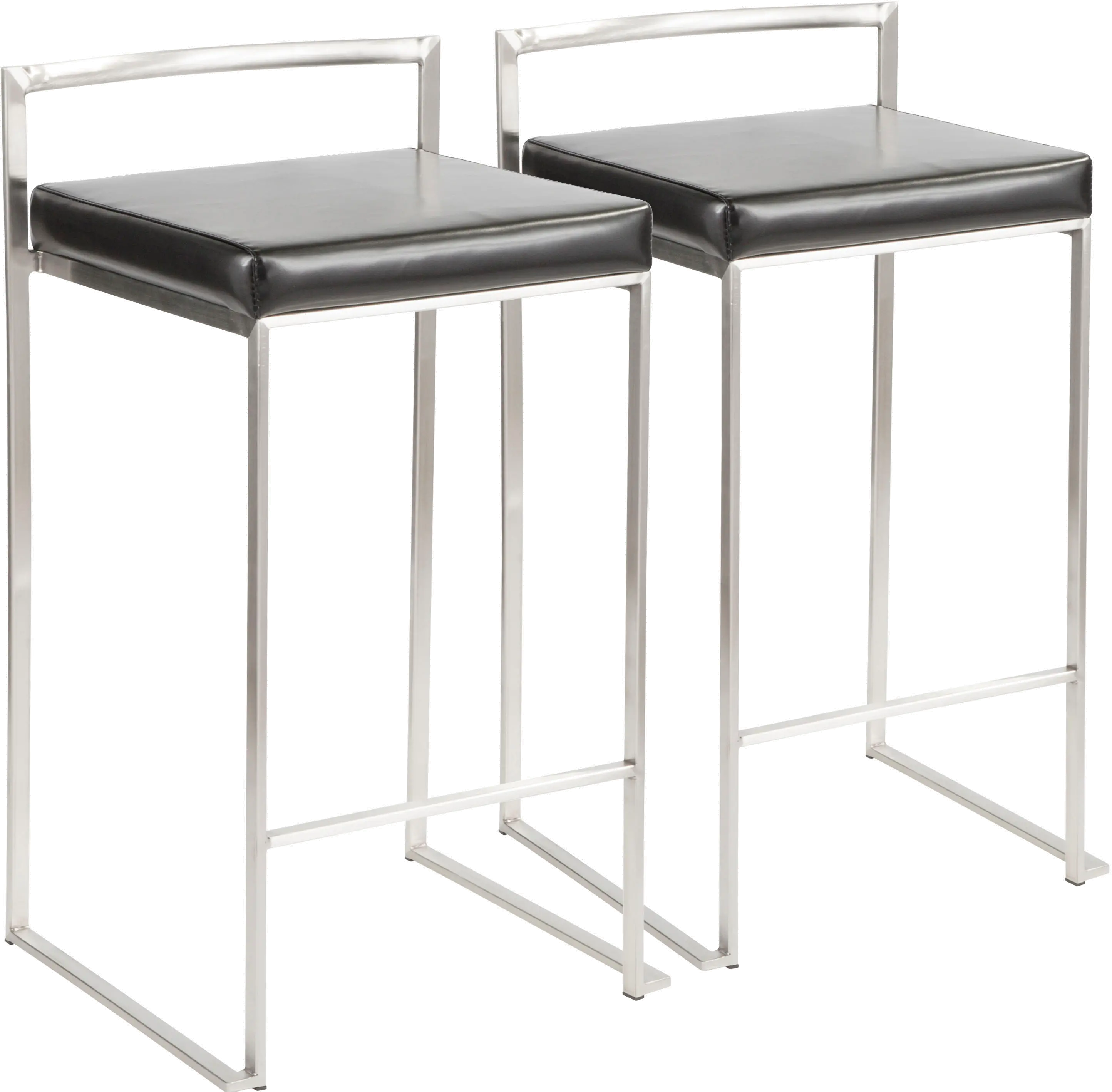 Fuji Low Back Stainless & Black Faux Leather Counter Stools, Set of 2