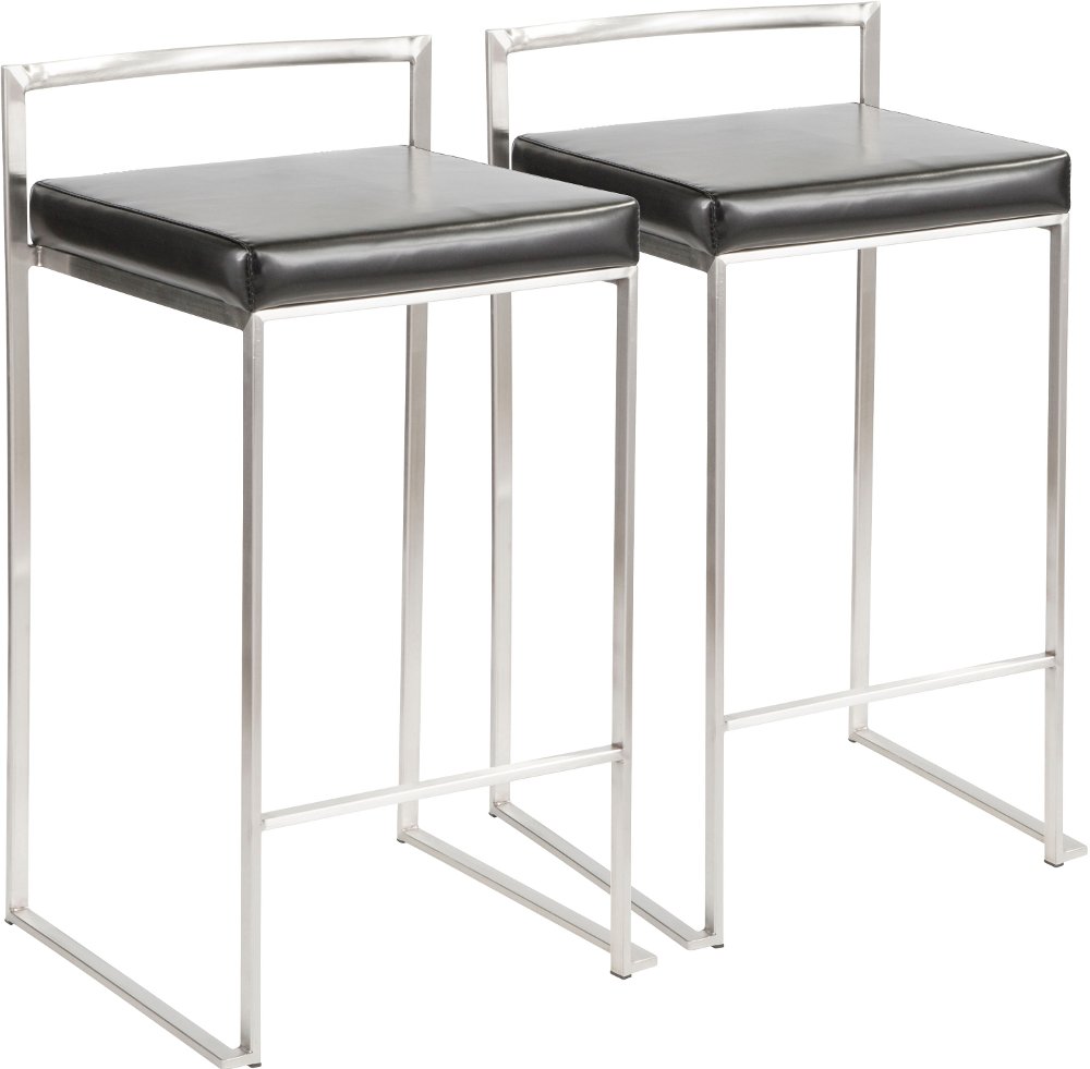 Fuji Low Back Stainless & Black Faux Leather Counter Stools, Set of 2