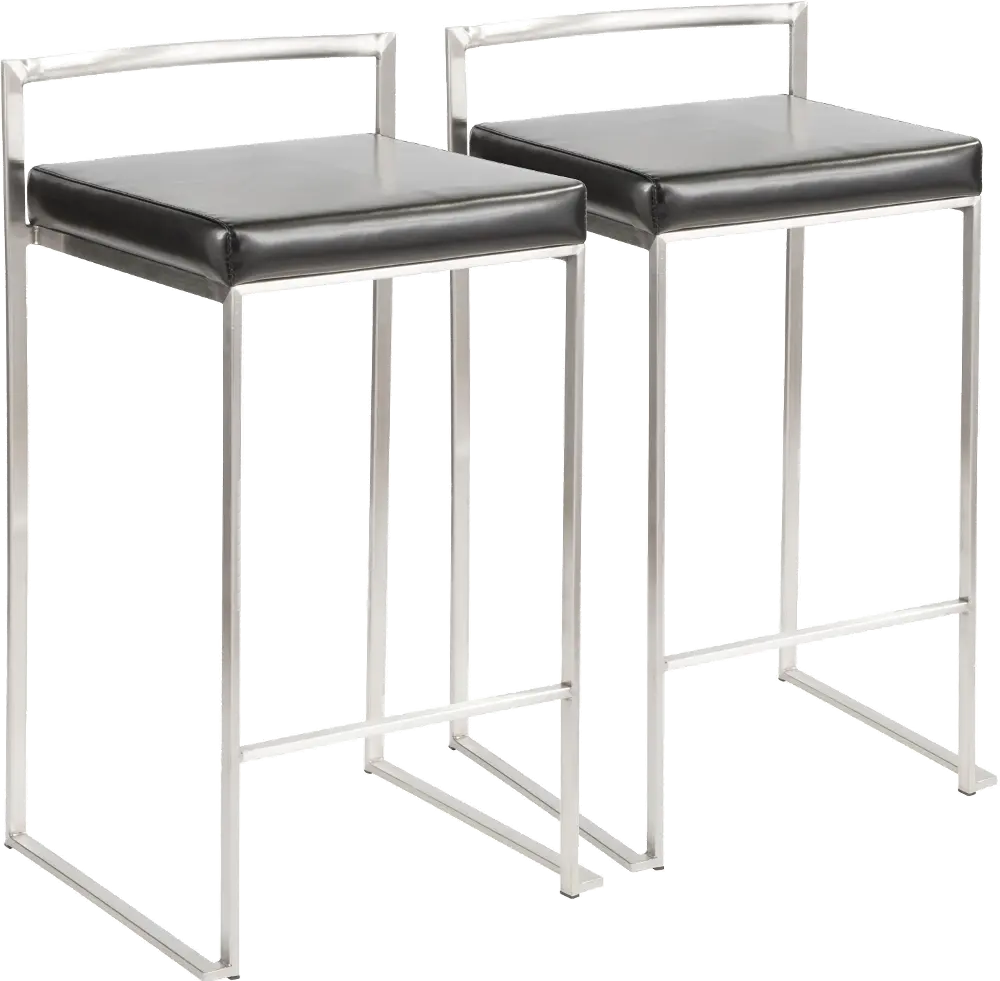 CS-FUJI BK2 Fuji Low Back Stainless & Black Faux Leather Counter Stools, Set of 2-1