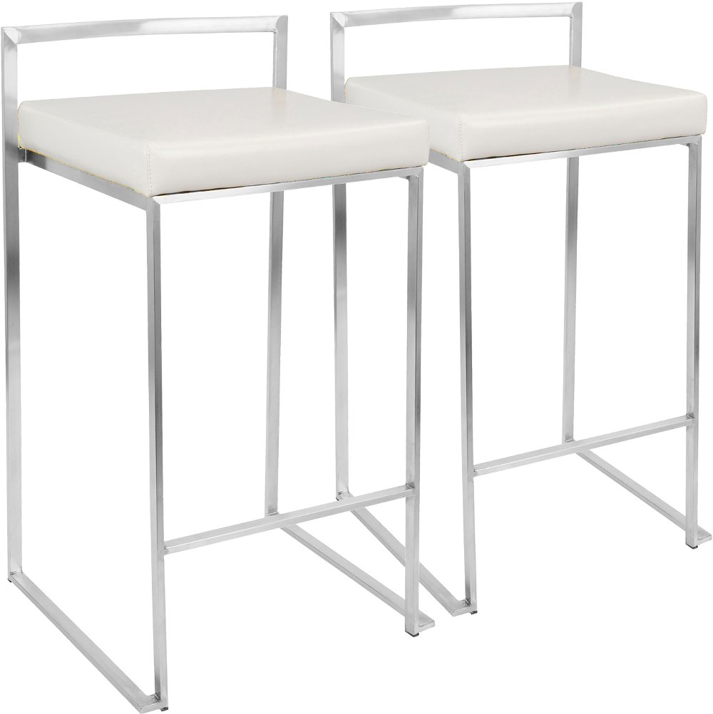 Fuji Low Back Stainless & White Faux Leather Counter Stools, Set of 2