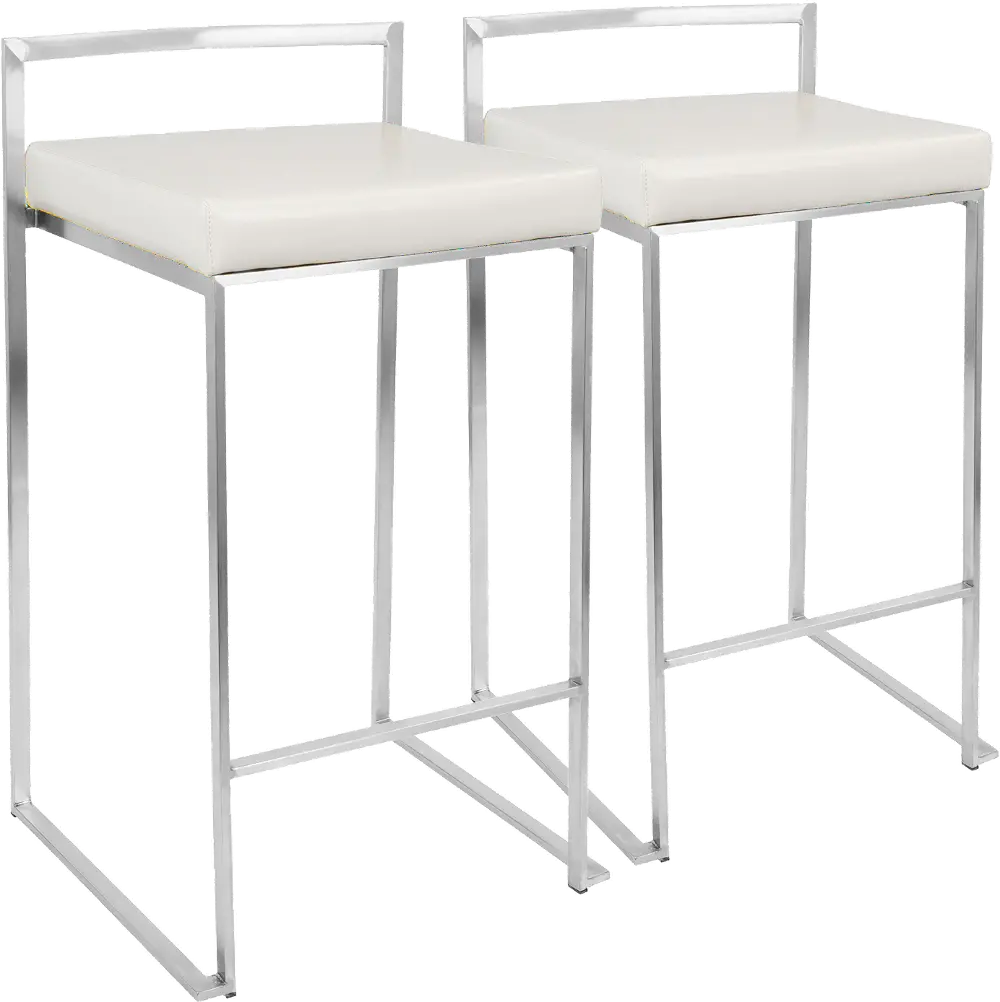 CS-FUJI W2 Fuji Low Back Stainless & White Faux Leather Counter Stools, Set of 2-1