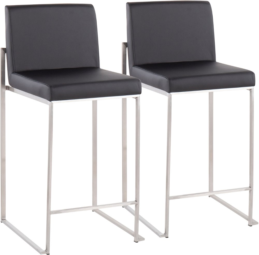 Fuji High Back Stainless & Black Faux Leather Counter Stools Set of 2