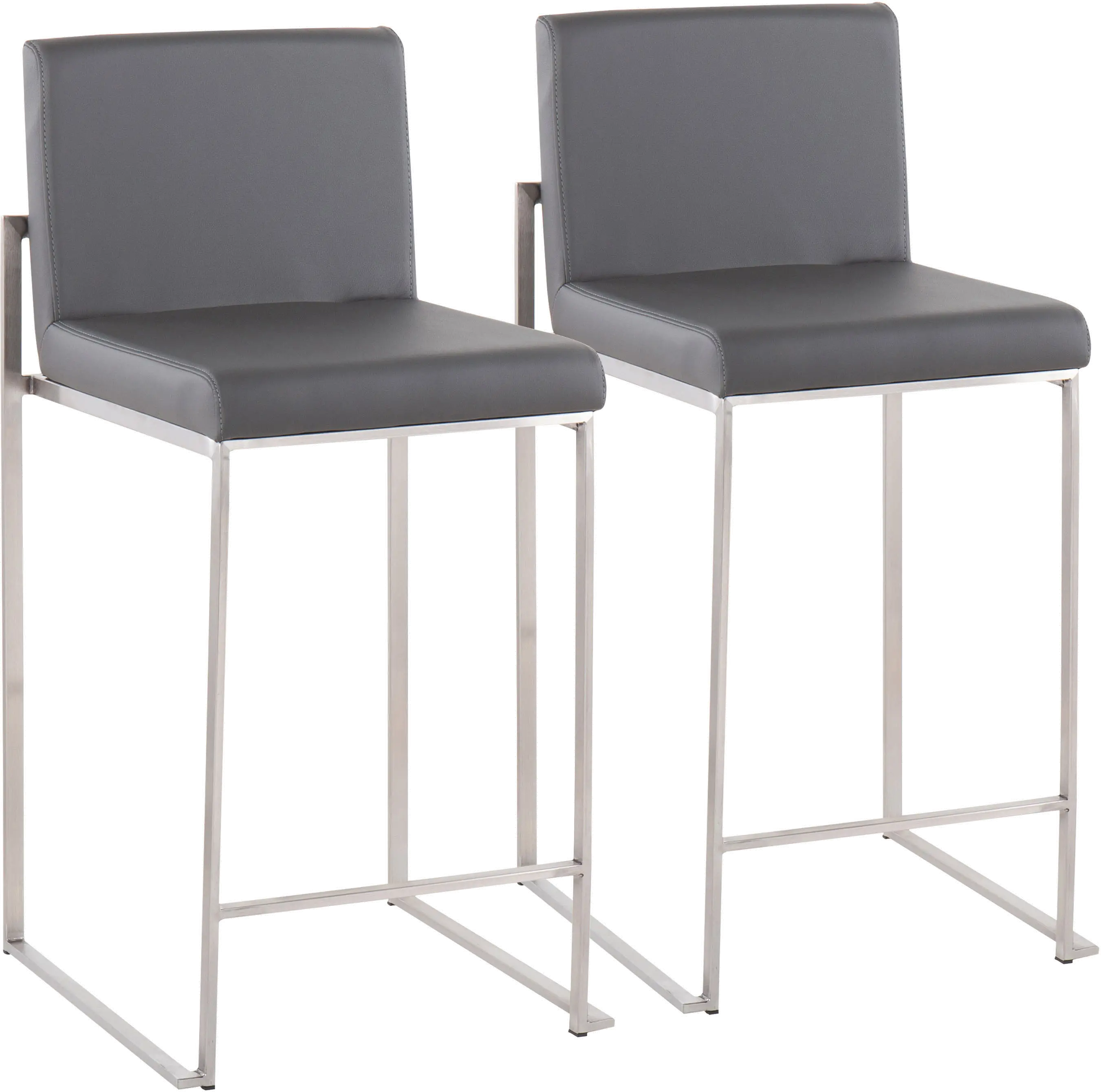 Fuji High Back Stainless & Gray Faux Leather Counter Stools, Set of 2