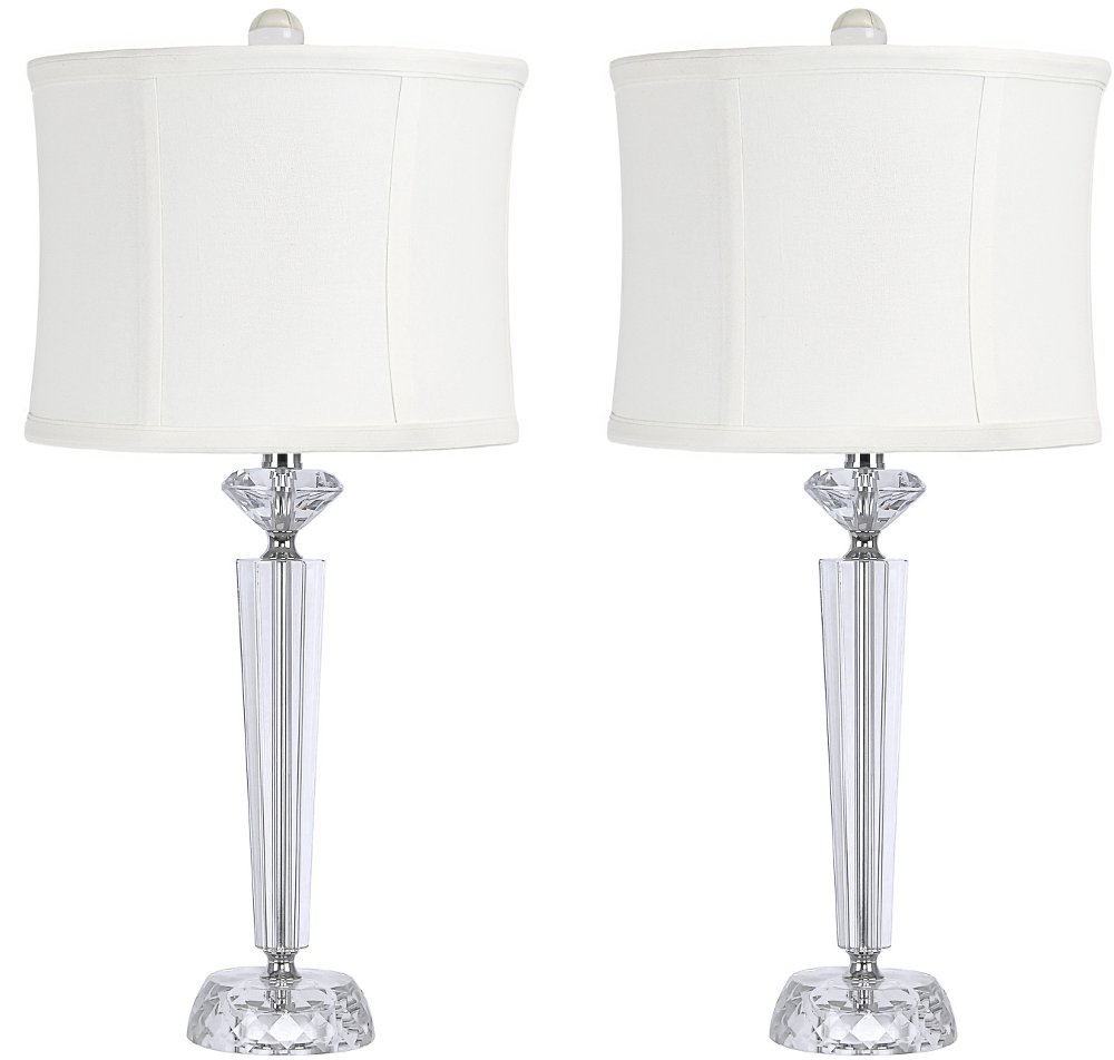 Diamond Pillar Table Lamps with Off-White Linen Shades, Set of 2