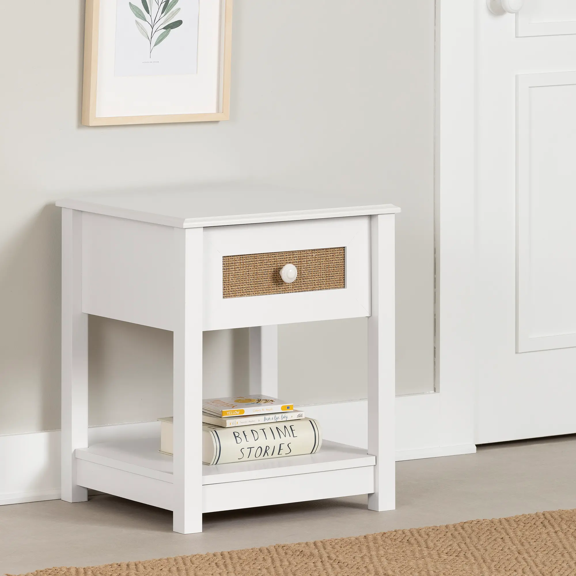 Bloom White & Printed Rattan 1-Drawer Nightstand - South Shore