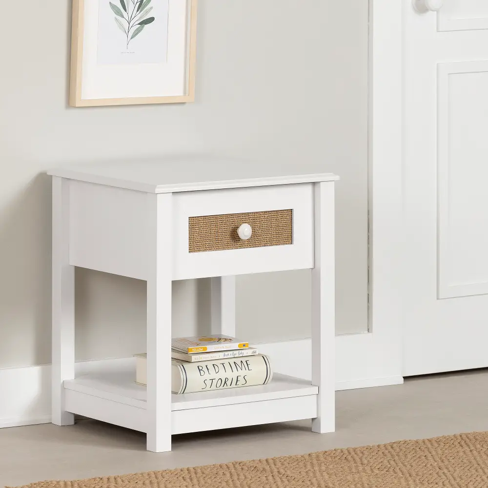 14377 Bloom White & Printed Rattan 1-Drawer Nightstand - South Shore-1