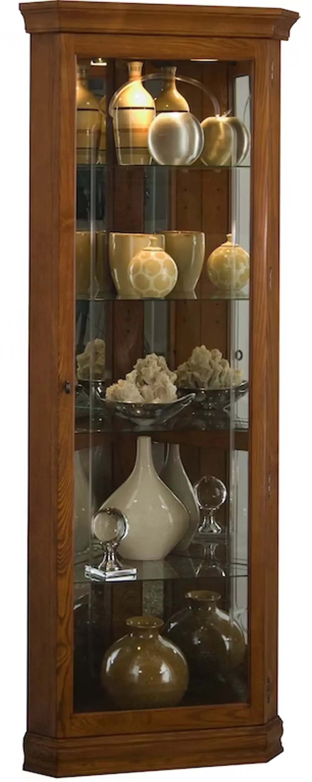Golden Oak Brown Corner Curio Cabinet-1