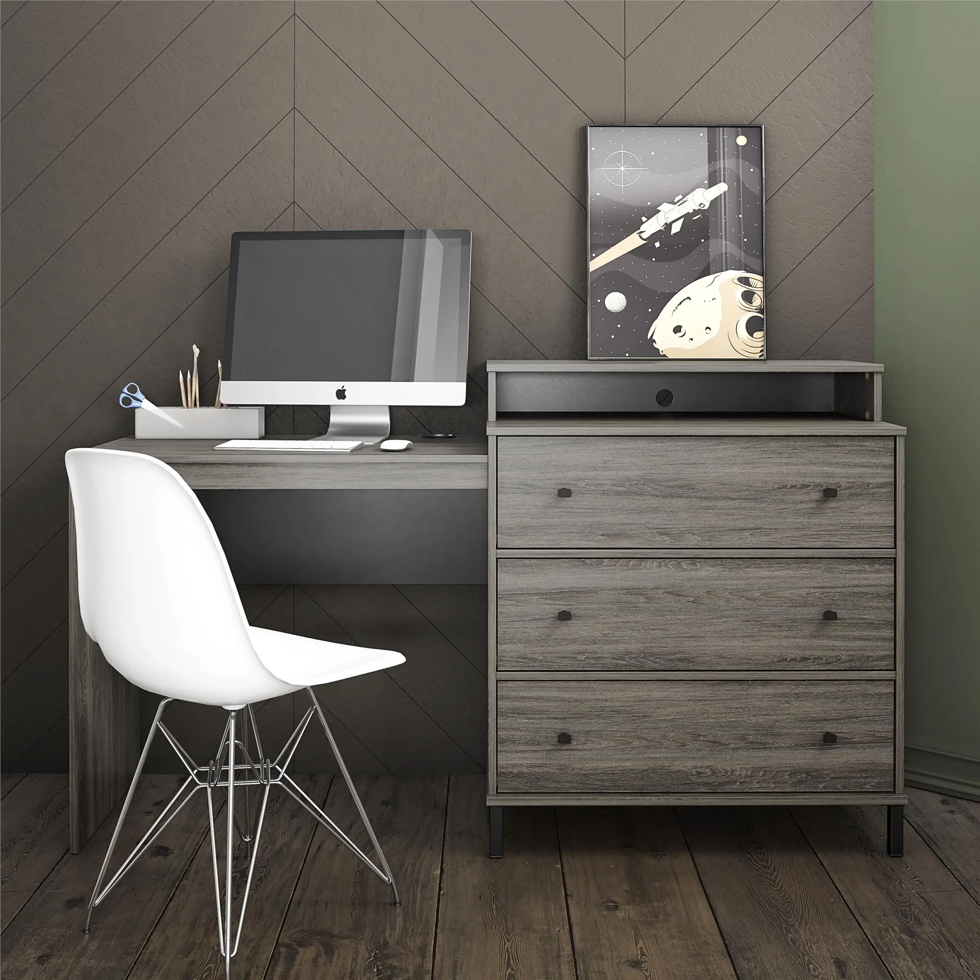 Kalissa Gray Oak Dresser & Desk Combo with Wireless Charger