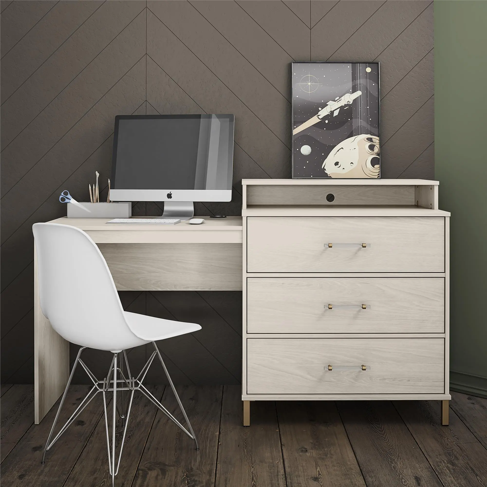 Kalissa White Oak Dresser & Desk Combo with Wireless Charger