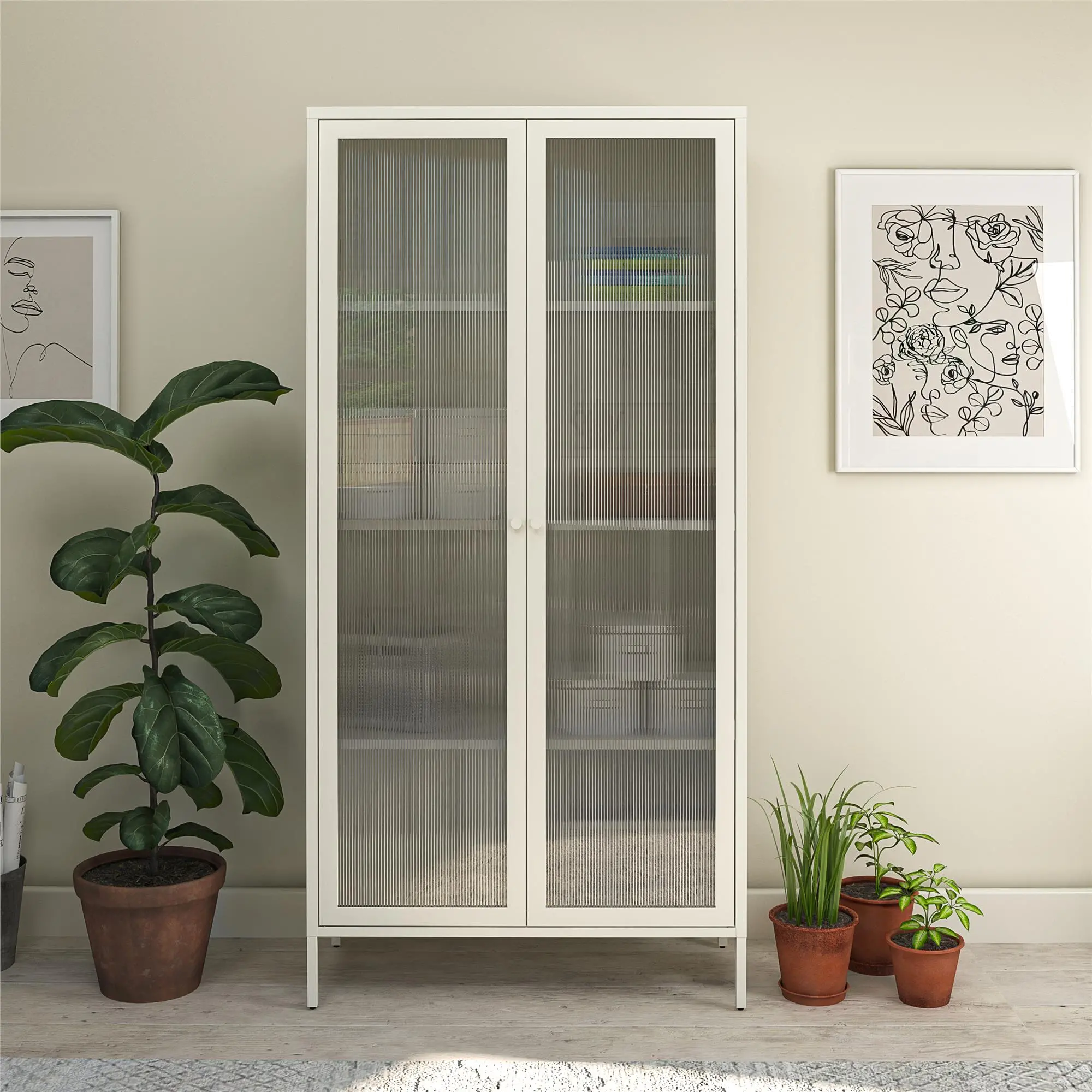 Ashbury White Tall Storage Cabinet with Fluted Glass Doors