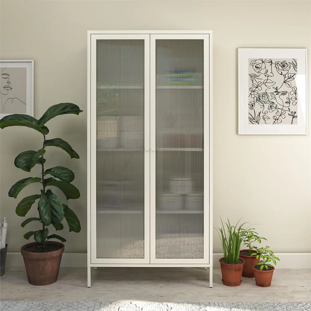 Ashbury White Tall Storage Cabinet with Fluted Glass Doors-1