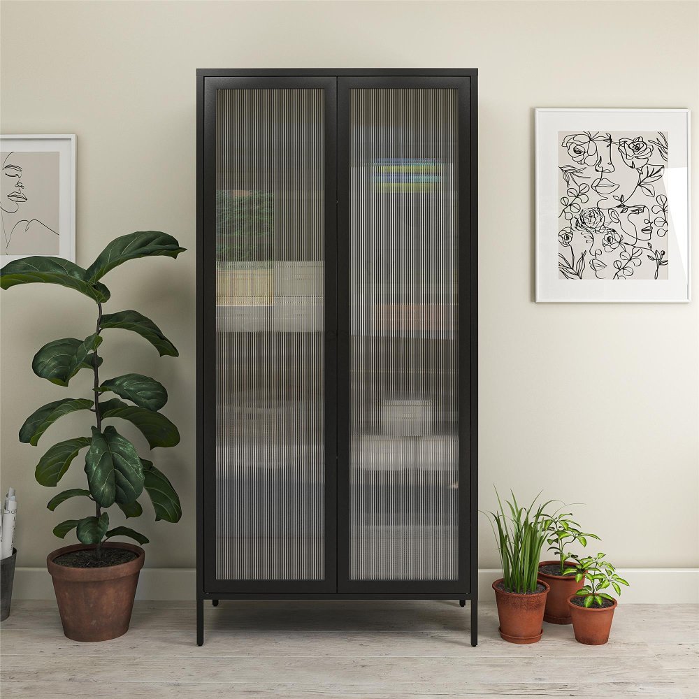 Ashbury Black Tall Storage Cabinet with Fluted Glass Doors