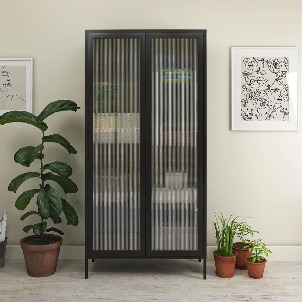Ashbury Black Tall Storage Cabinet with Fluted Glass Doors-1