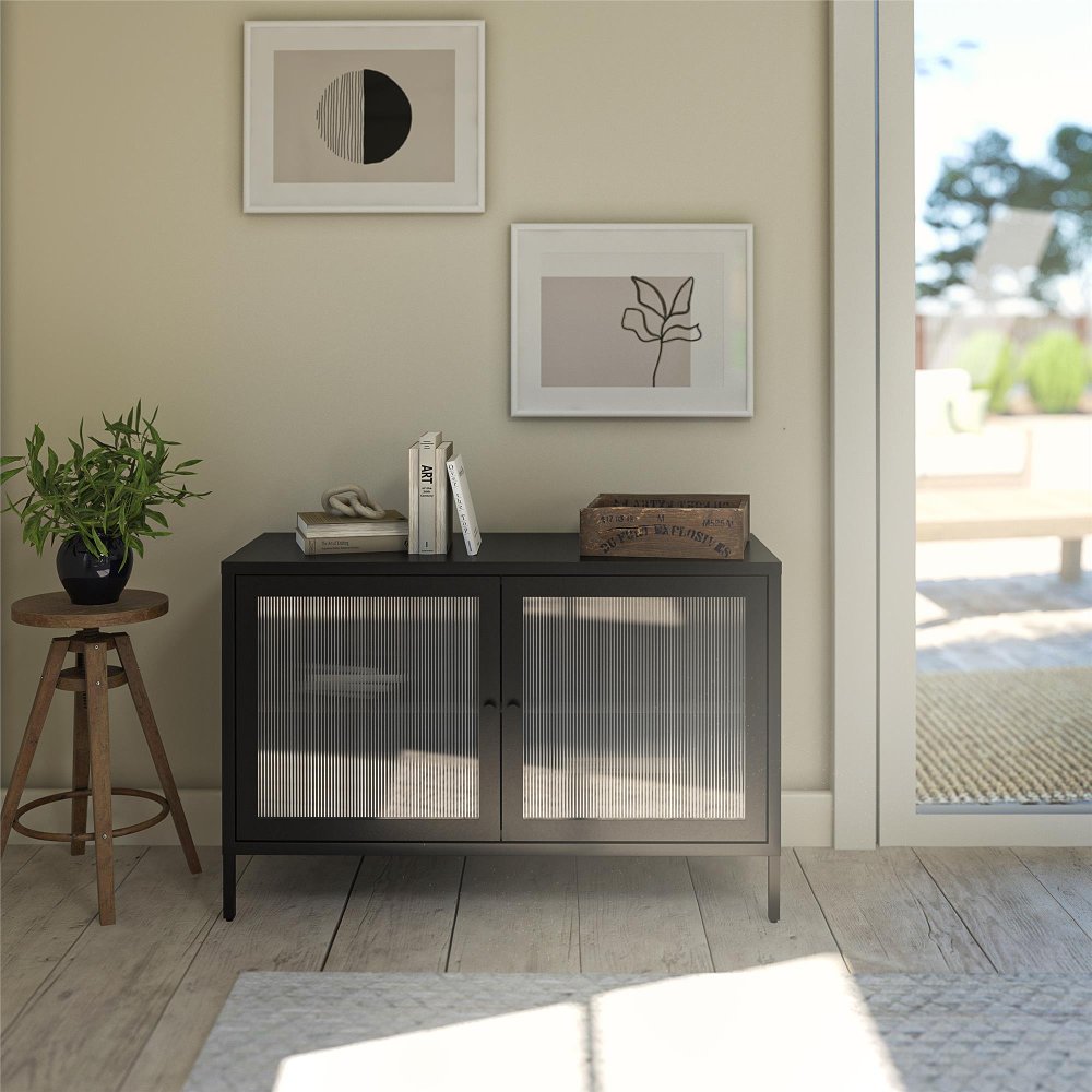 Ashbury Black 2 Door Storage Cabinet with Fluted Glass Doors