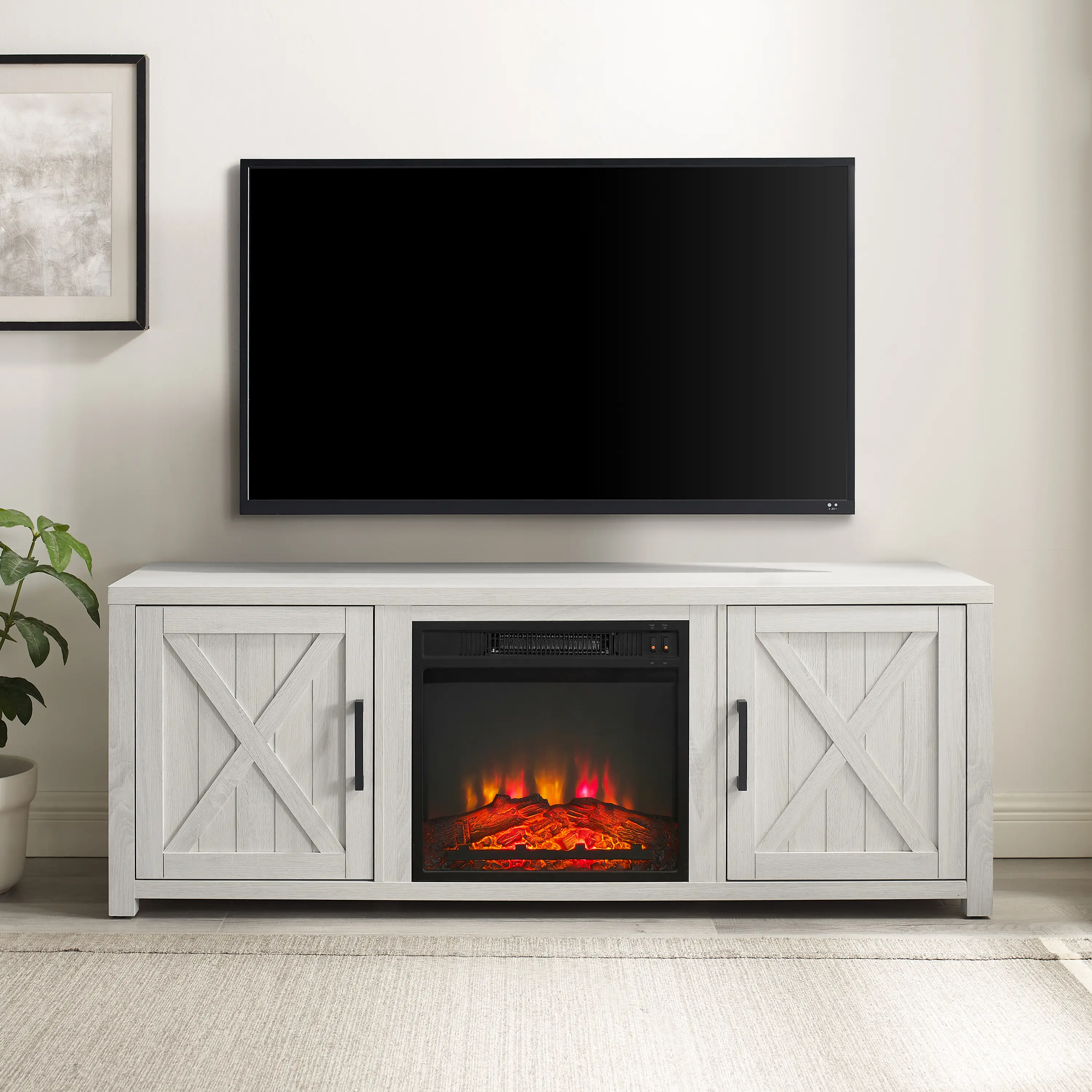 Gordon 58 Whitewash TV Stand with Fireplace