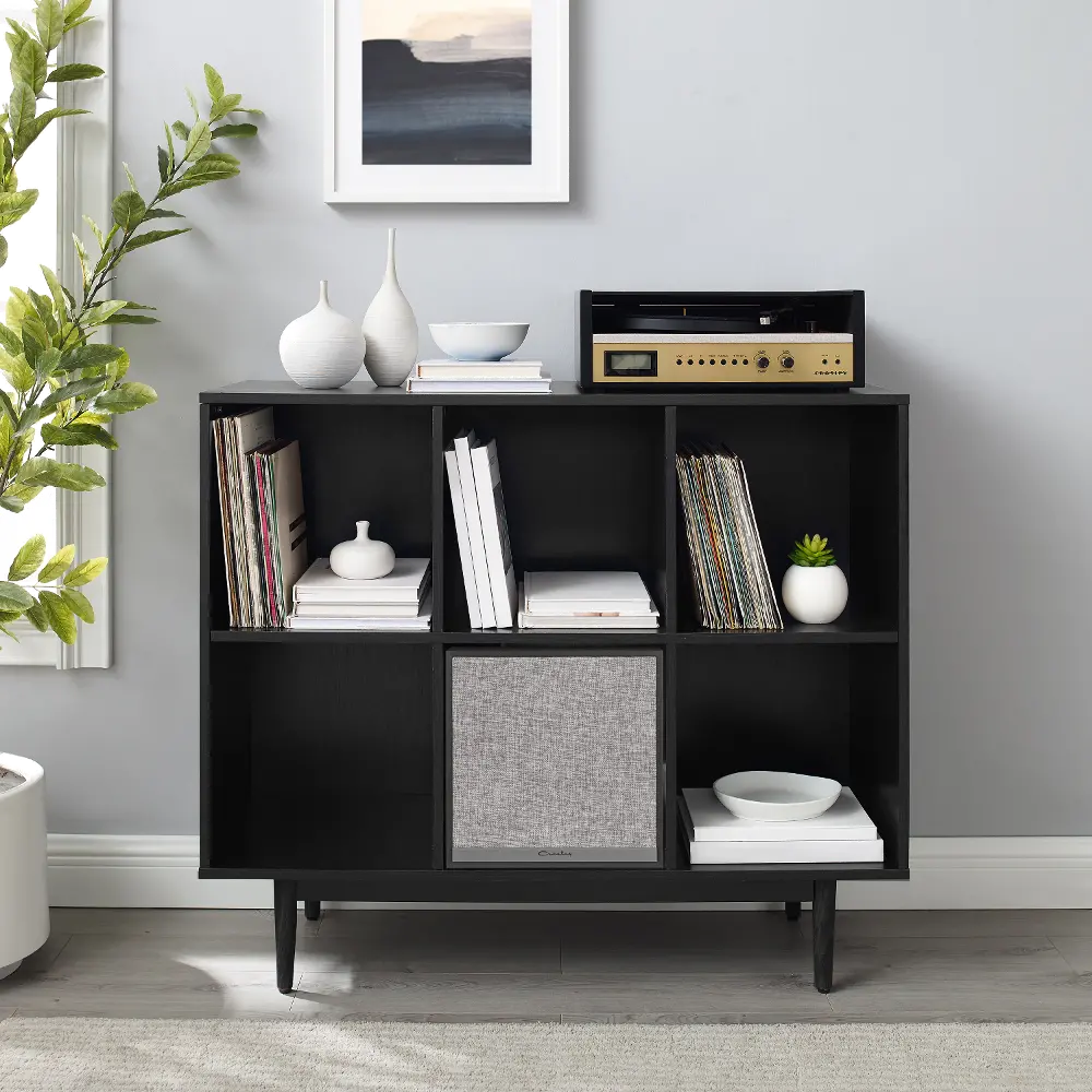 KF13120BK-BK Liam 6 Cube Black Record Storage Bookcase with Speaker-1