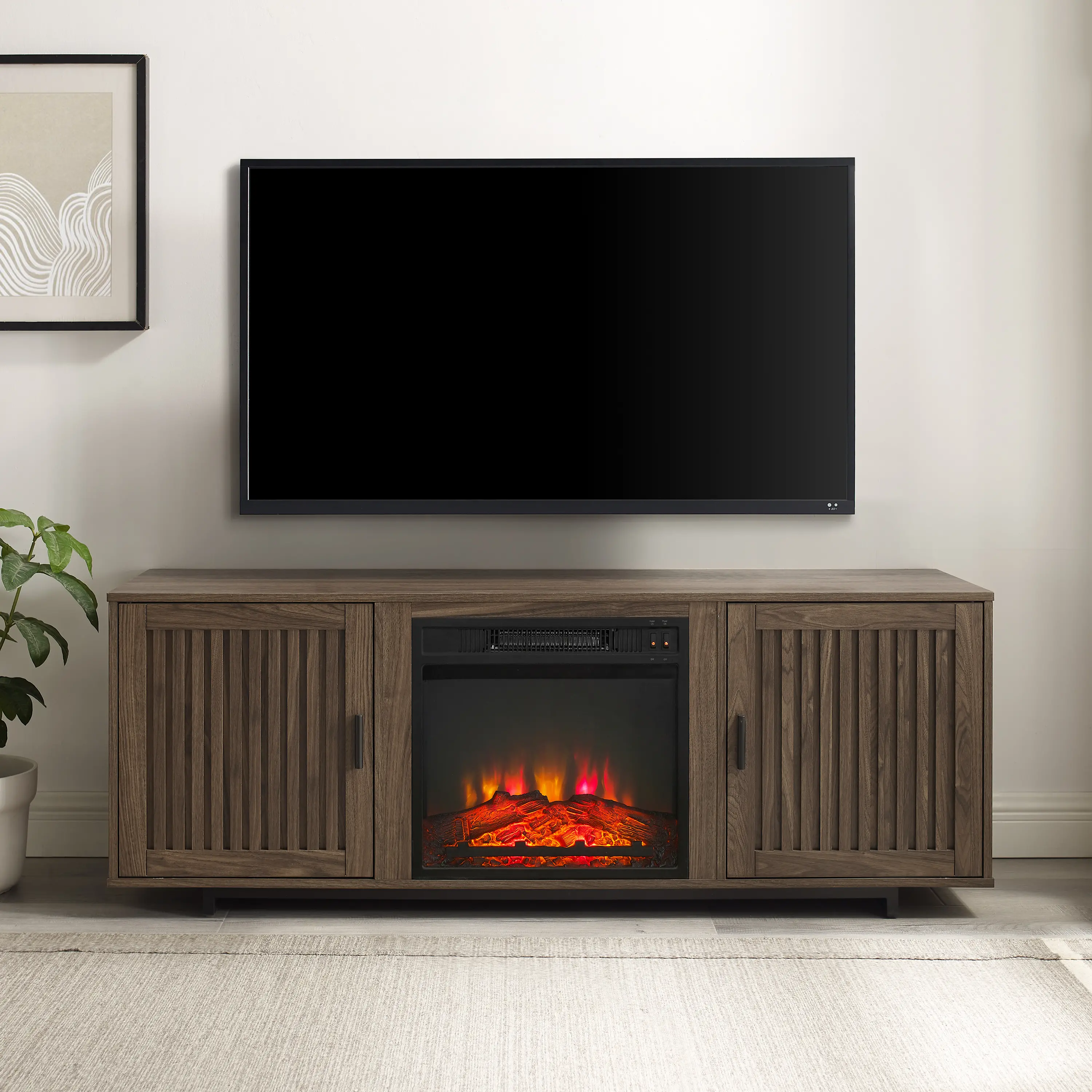Silas 58 Walnut TV Stand with Fireplace