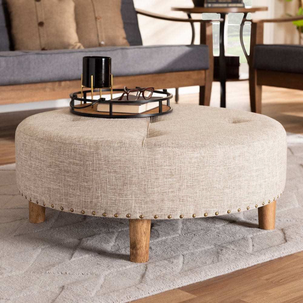 Vinet Beige Upholstered Round Cocktail Ottoman