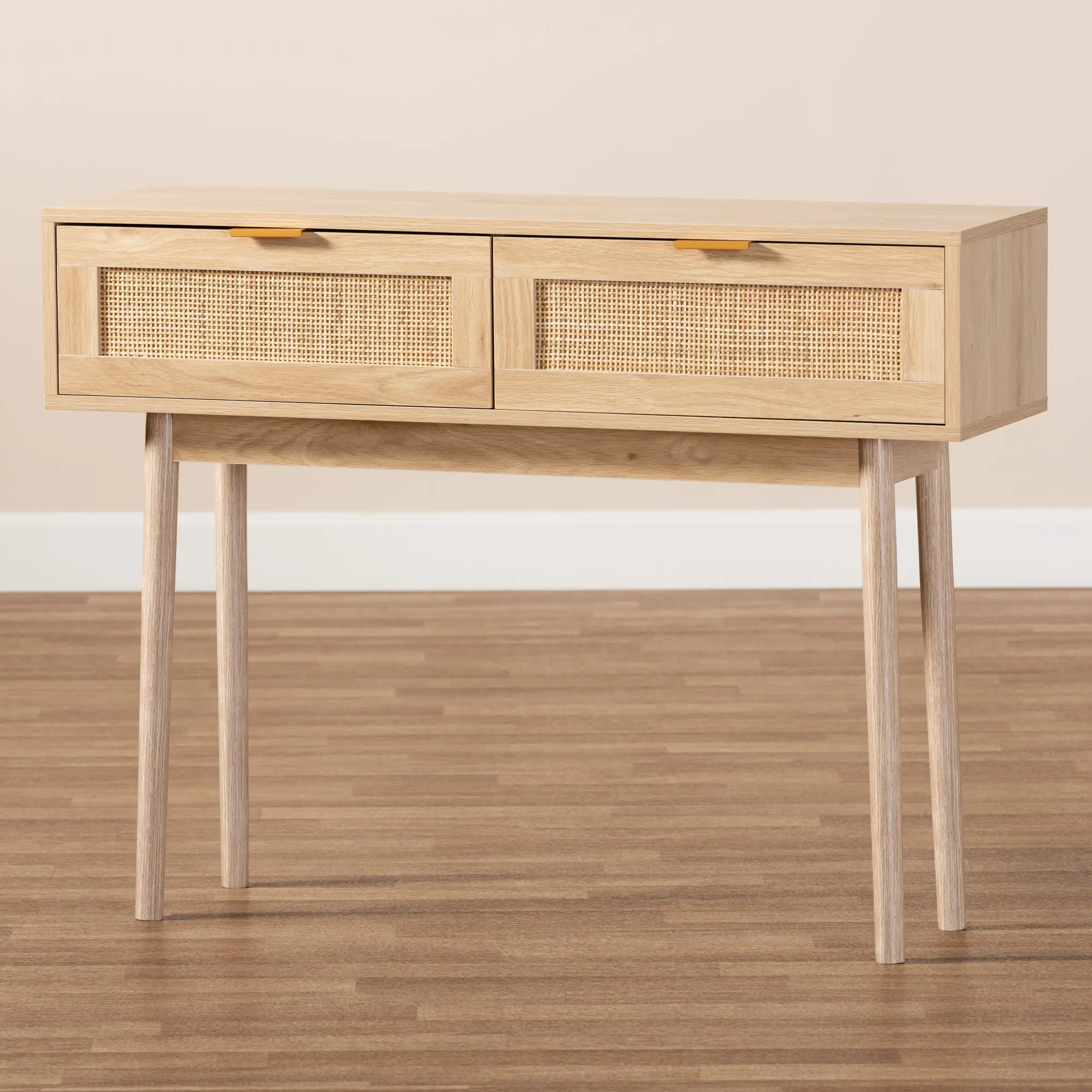 Baird Light Brown Wood and Rattan 2-Drawer Console Table