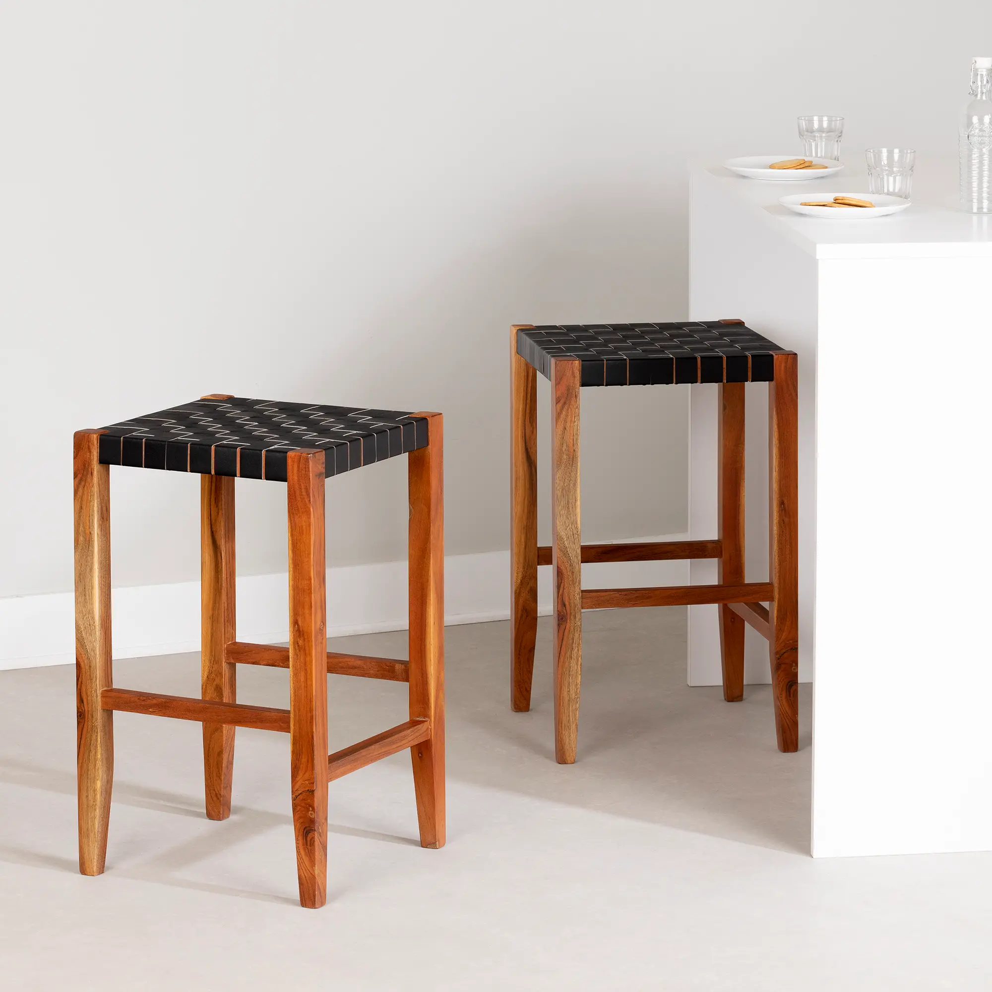 Balka Woven Black Leather Counter Stool, Set of 2