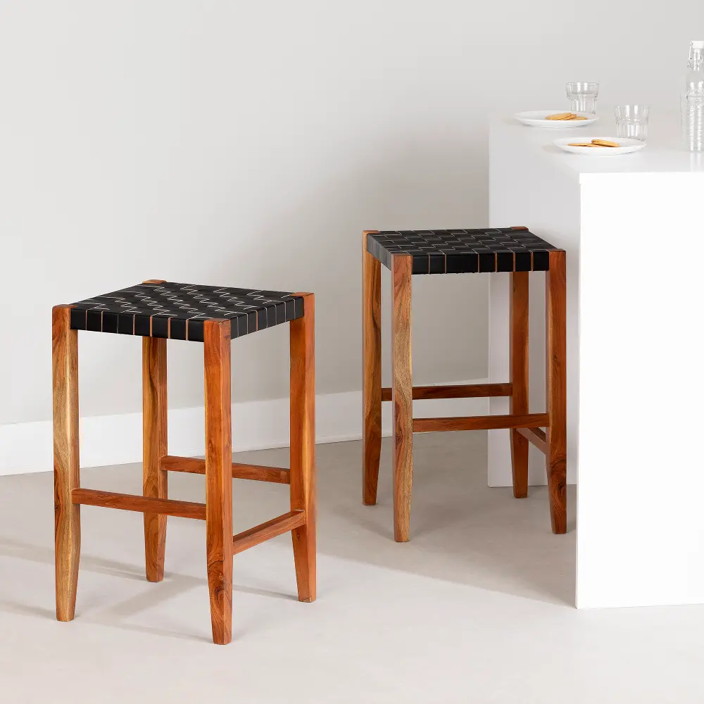 13916 Balka Woven Black Leather Counter Stool, Set of 2-1