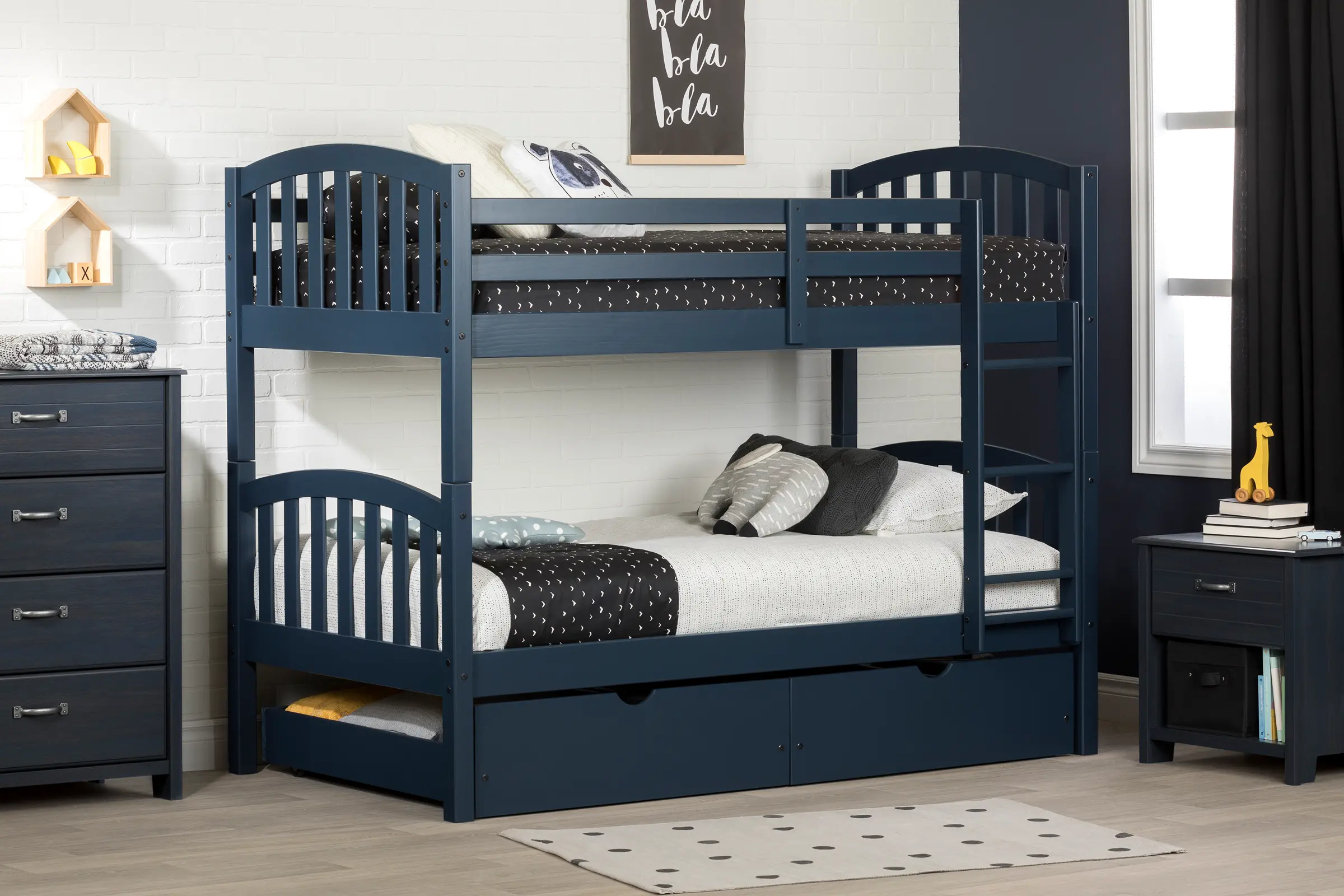 12729 Asten Navy Blue Twin Bunk Beds with Storage Drawer sku 12729