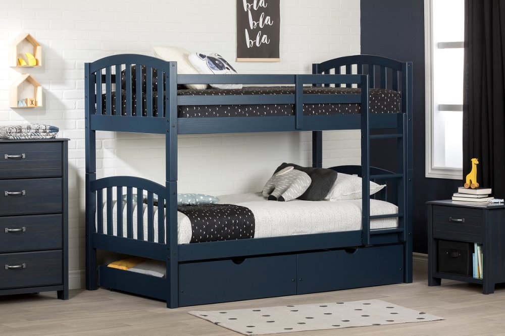 Asten Navy Blue Twin Bunk Beds with Storage Drawers