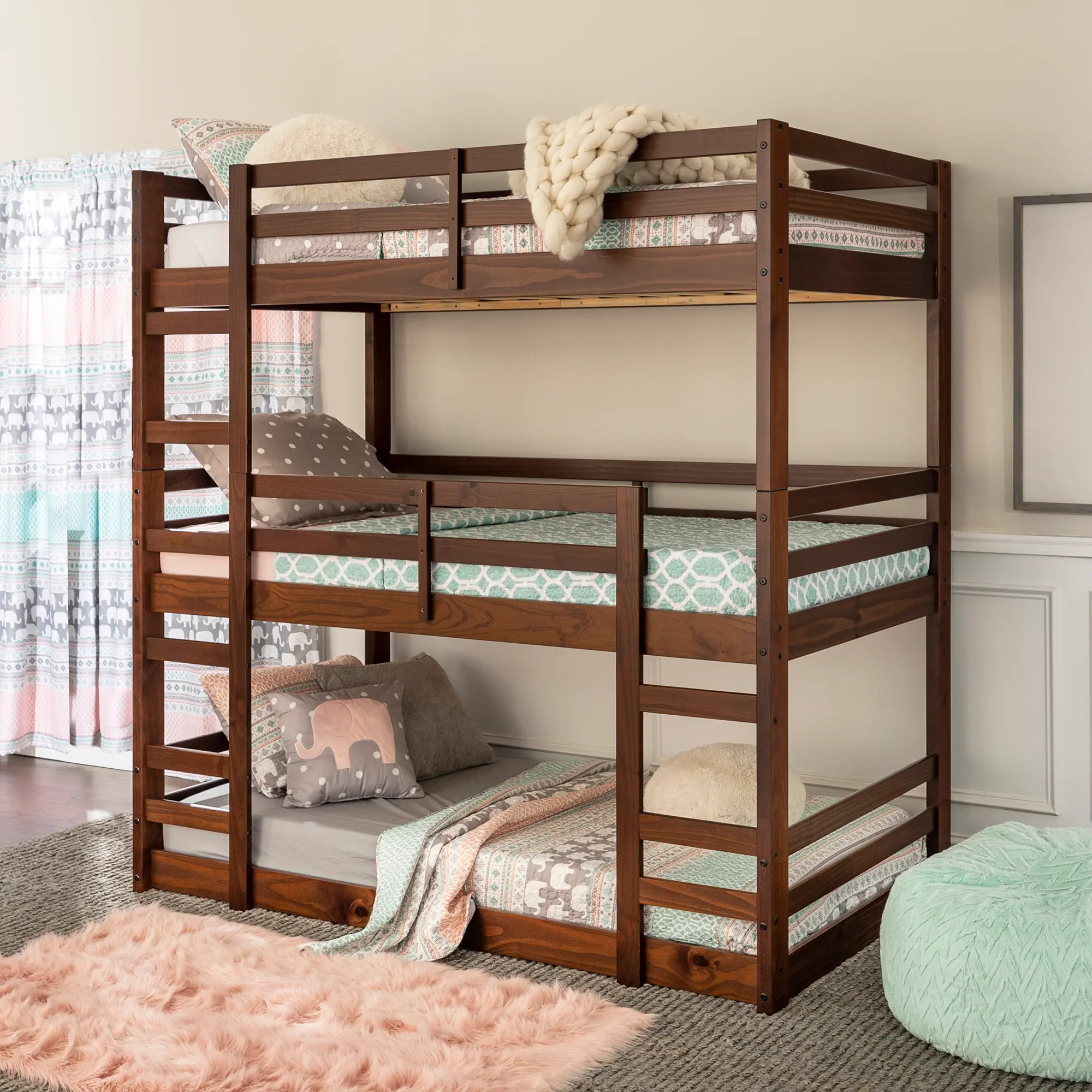 Walnut Wood Triple Bunk Bed