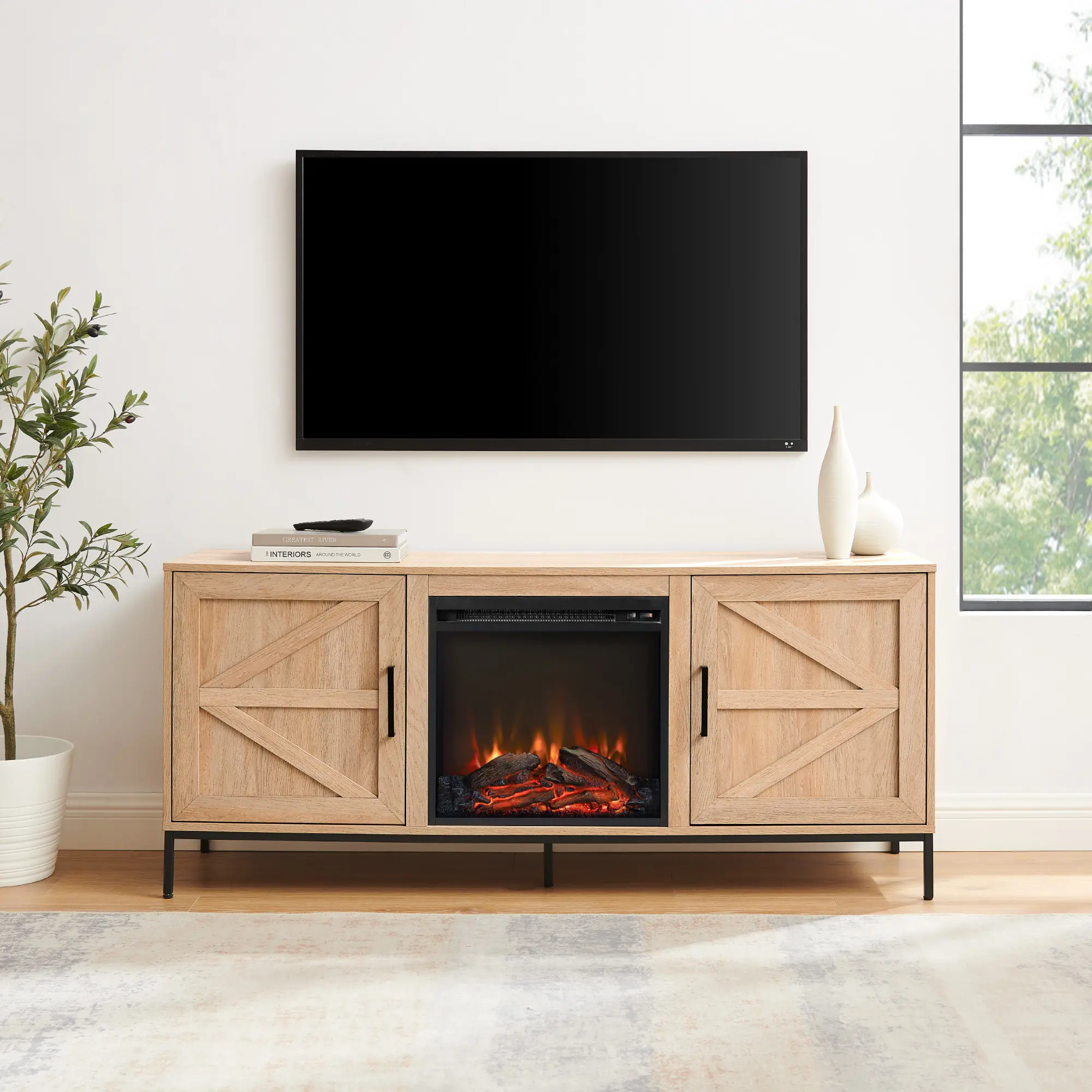 Houston Coastal Oak 58 Barn Door Fireplace TV Stand