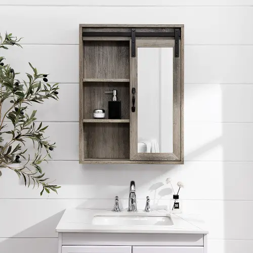 Bathroom Wall-Mounted Medicine Cabinet Organizer with Sliding Barn Door-White