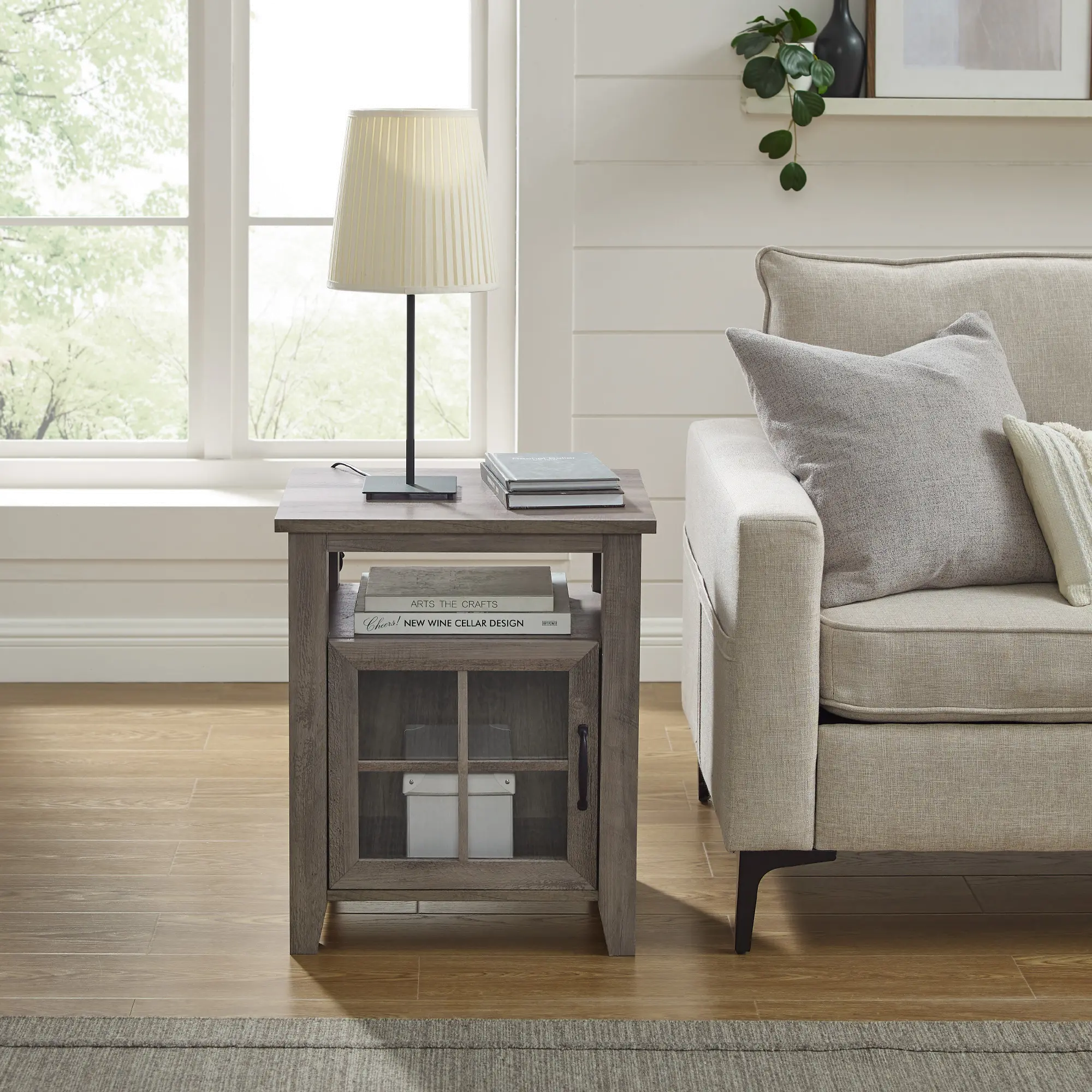Simplicity Gray Wash Side Table with Glass Door
