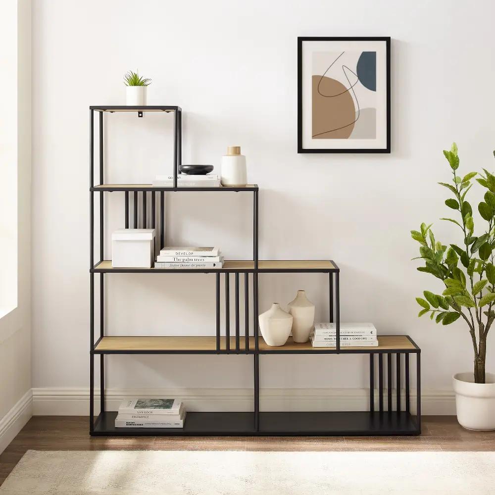 VUO143TBCO Vulcan Coastal Oak & Black Staircase Shape Bookshelf-1