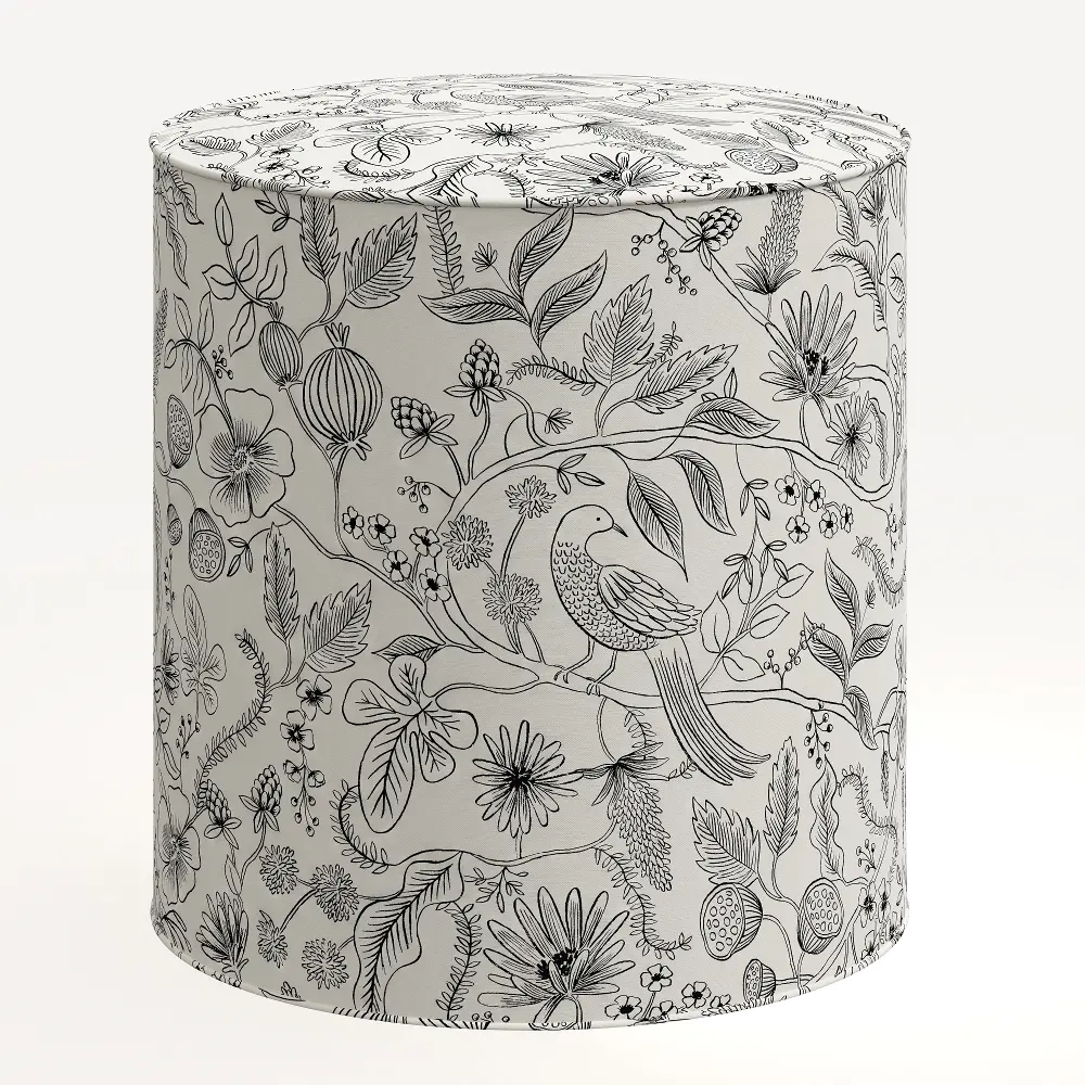 90-2RPCAVBLKCRMLCB Rifle Paper Co. Billie Aviary Cream & Black Round Ottoman-1