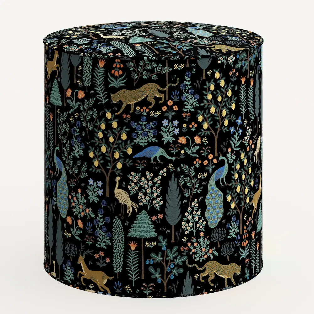 90-2RPCMNBLKLCB Rifle Paper Co. Billie Menagerie Black Round Ottoman-1