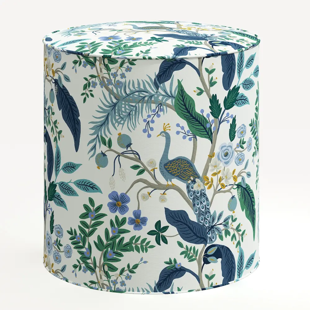 90-2RPCPCBLWHLCB Rifle Paper Co. Billie Blue Peacock Round Ottoman-1