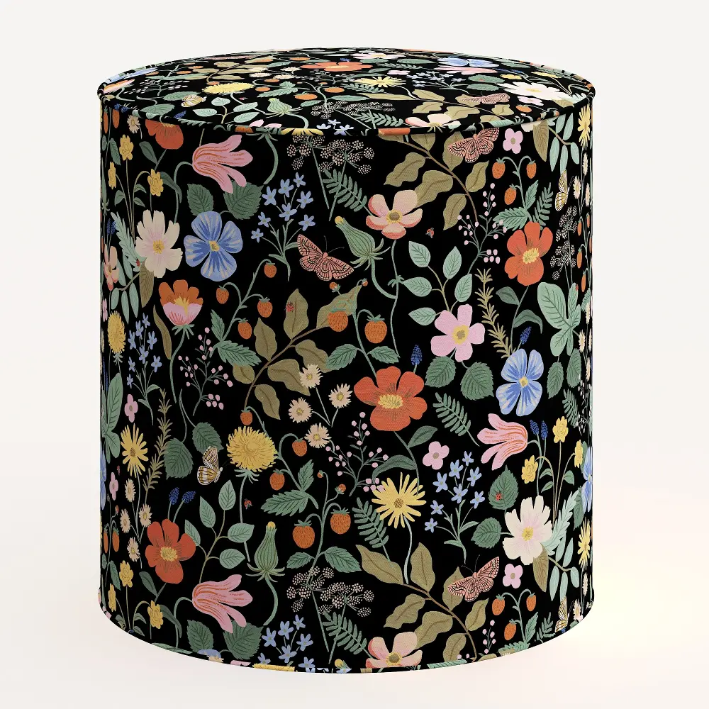 90-2RPCSTFLBLKLCB Rifle Paper Co. Billie Black Strawberry Fields Round Ottoman-1