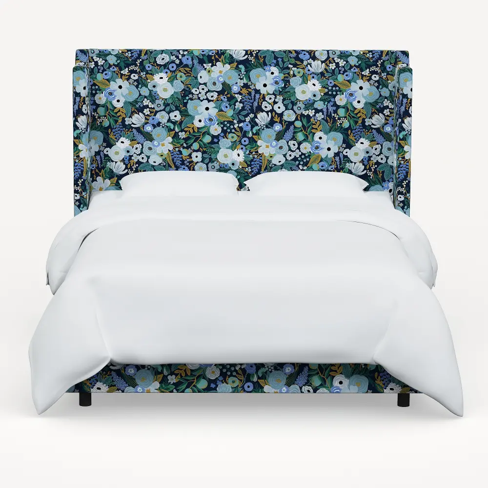 972BEDRPCGRPRBLULCB Rifle Paper Co Hawthorne Garden Party Blue Queen Wingback Bed-1