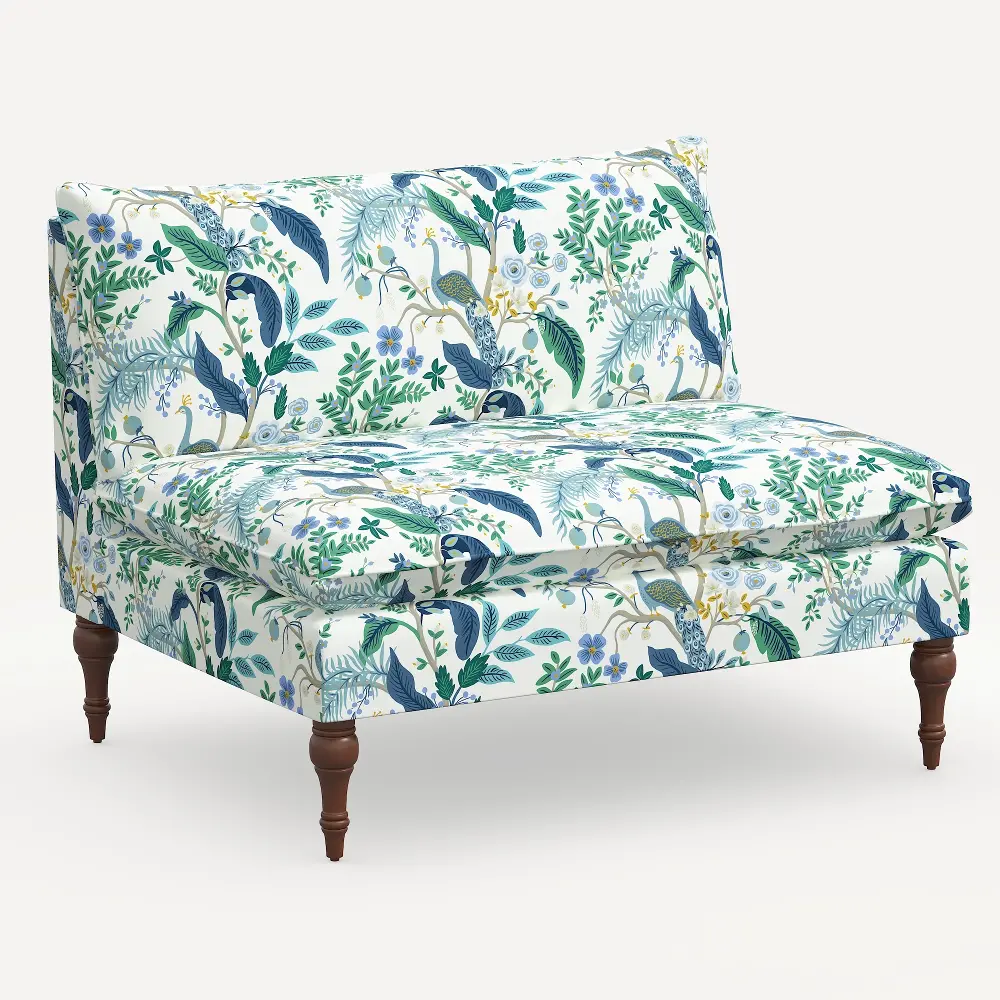 2206RPCPCBLWHLCB Rifle Paper Co. Louie Blue Peacock Armless Loveseat-1