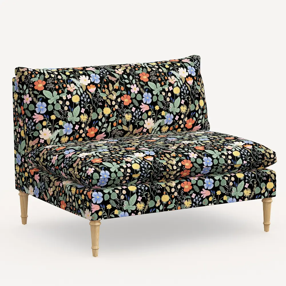 3206NATRPCSTFLBLKLCB Rifle Paper Co. Louie Black Strawberry Fields Armless Loveseat-1