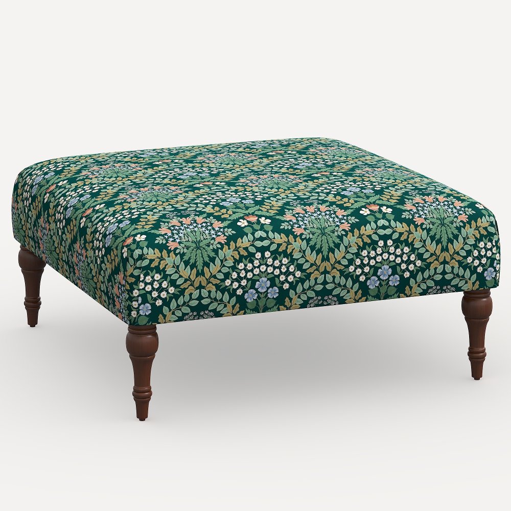 Rifle Paper Co. Greenwich Bramble Emerald Ottoman with Espresso Legs