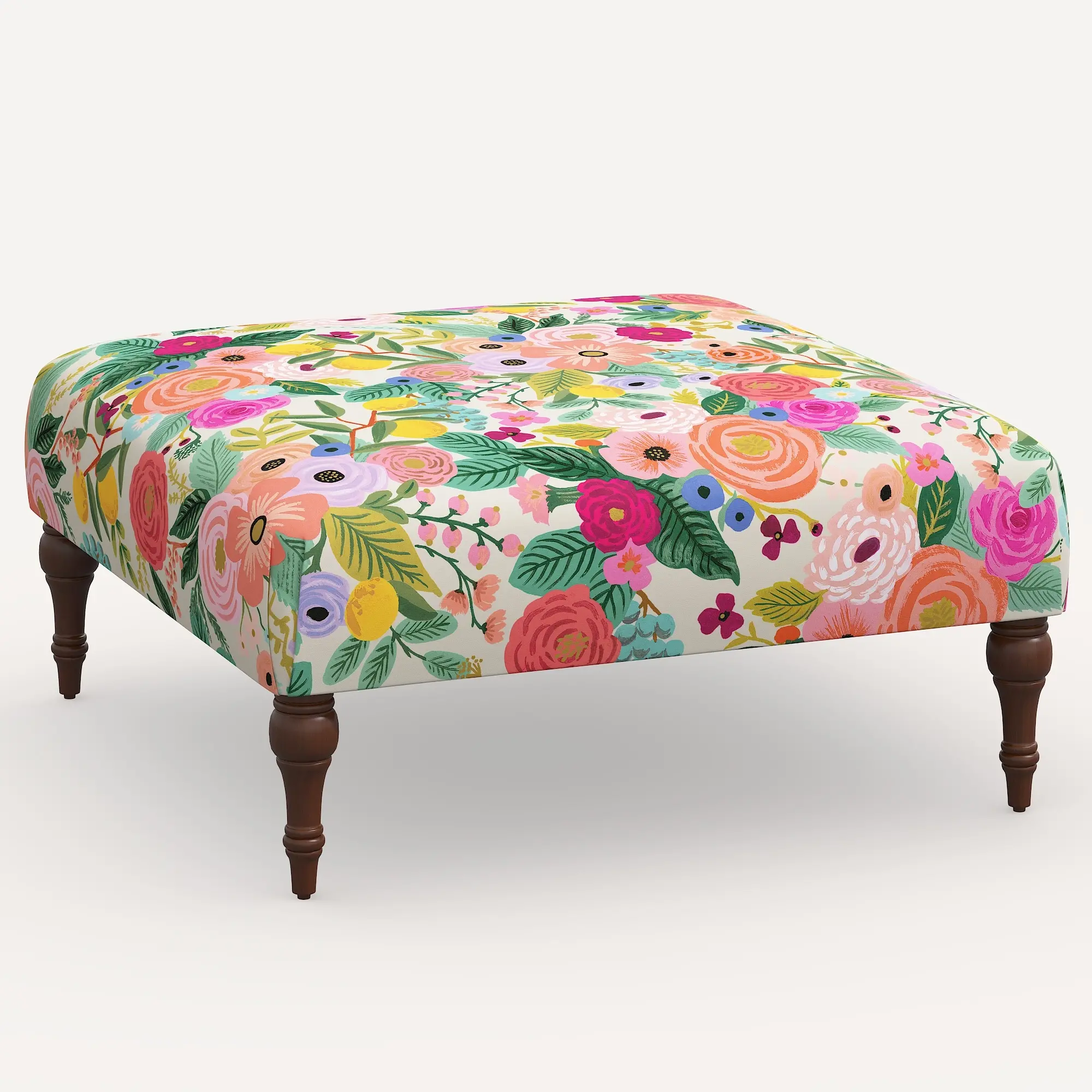 Rifle Paper Co. Greenwich Garden Party Pink Ottoman with Espresso Legs