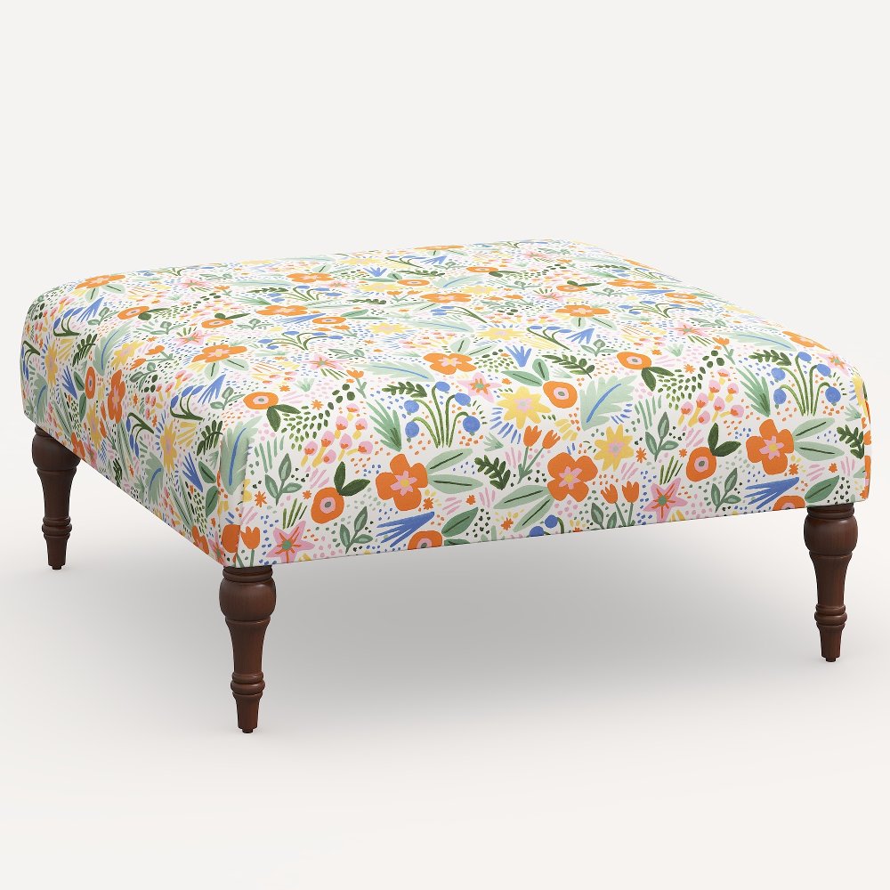 Rifle Paper Co. Greenwich Multi Color Floral Ottoman with Espresso...