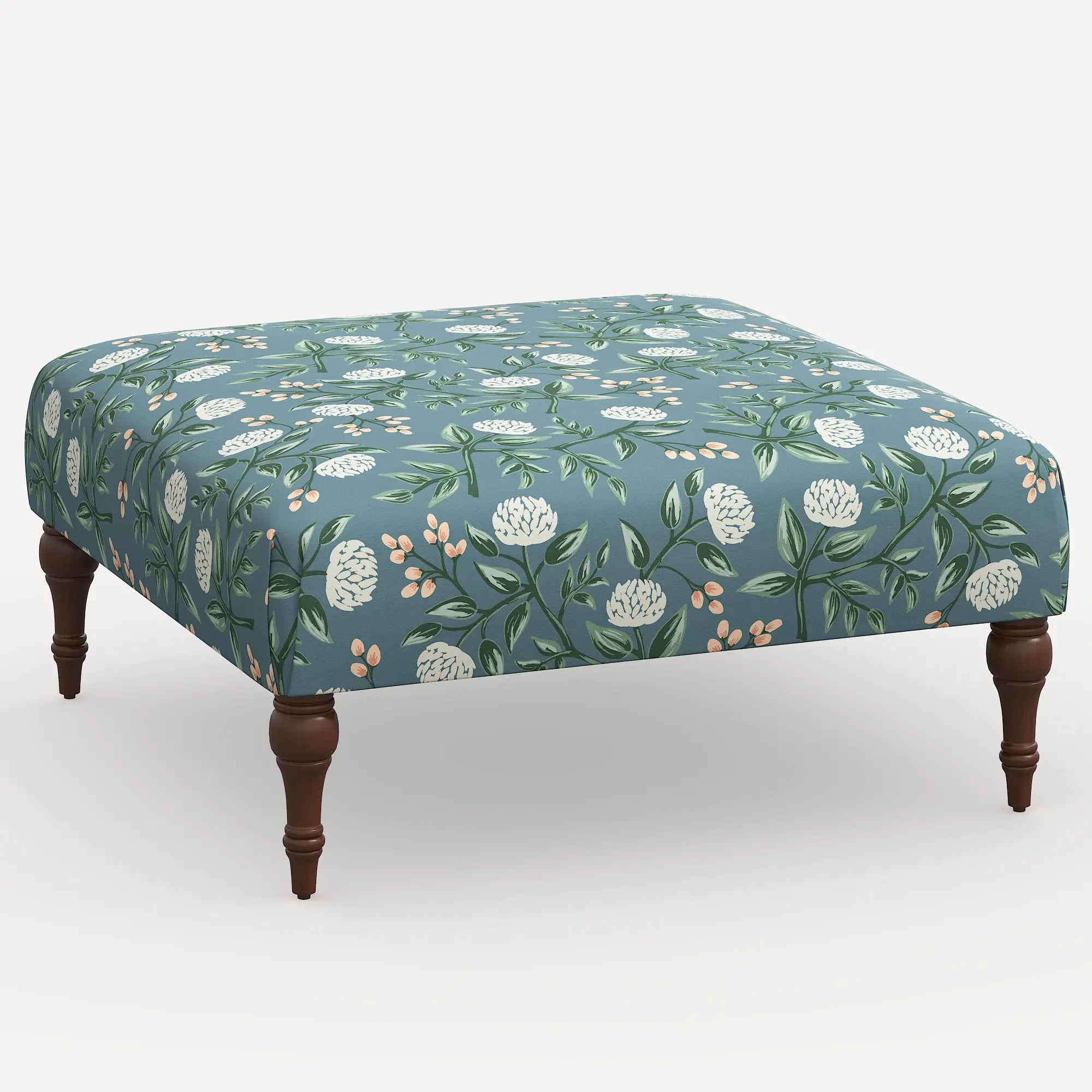 Rifle Paper Co. Greenwich Emerald Peonies Ottoman with Espresso Legs