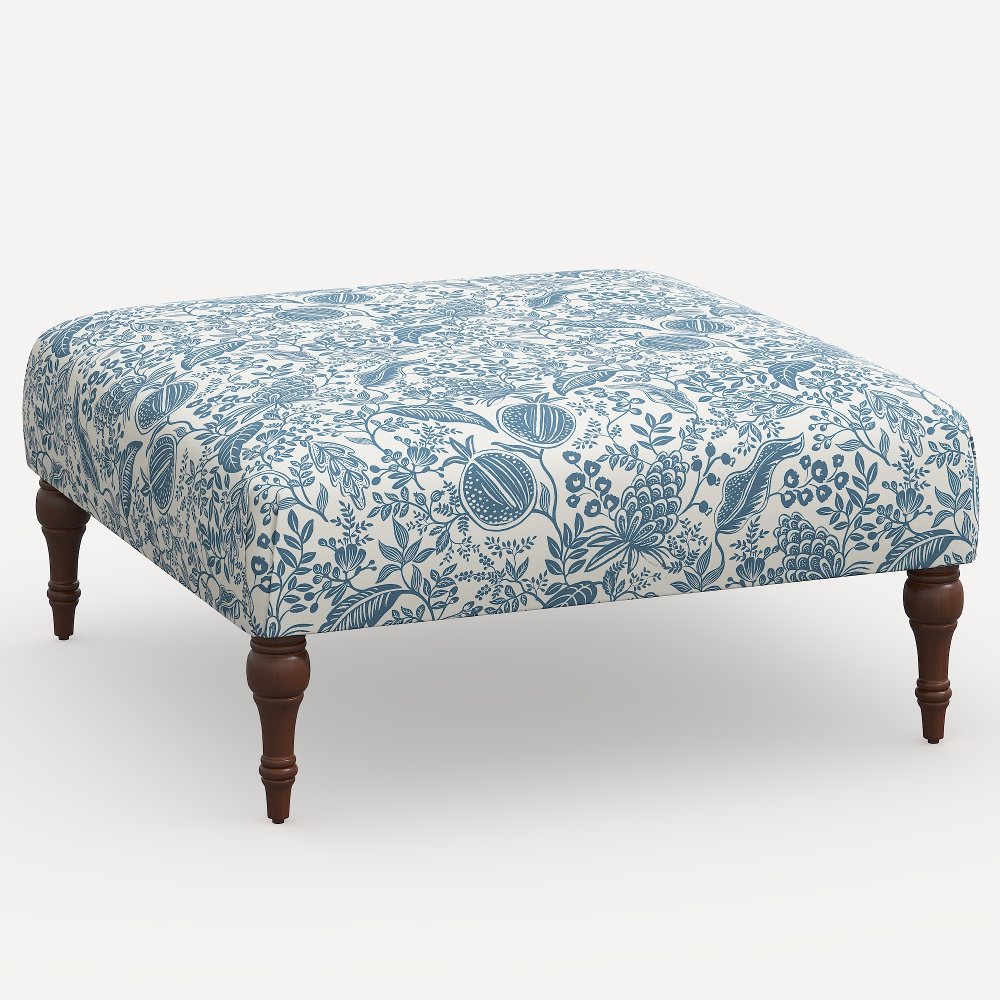 Rifle Paper Co. Greenwich Blue Pomegranate Ottoman with Espresso Legs