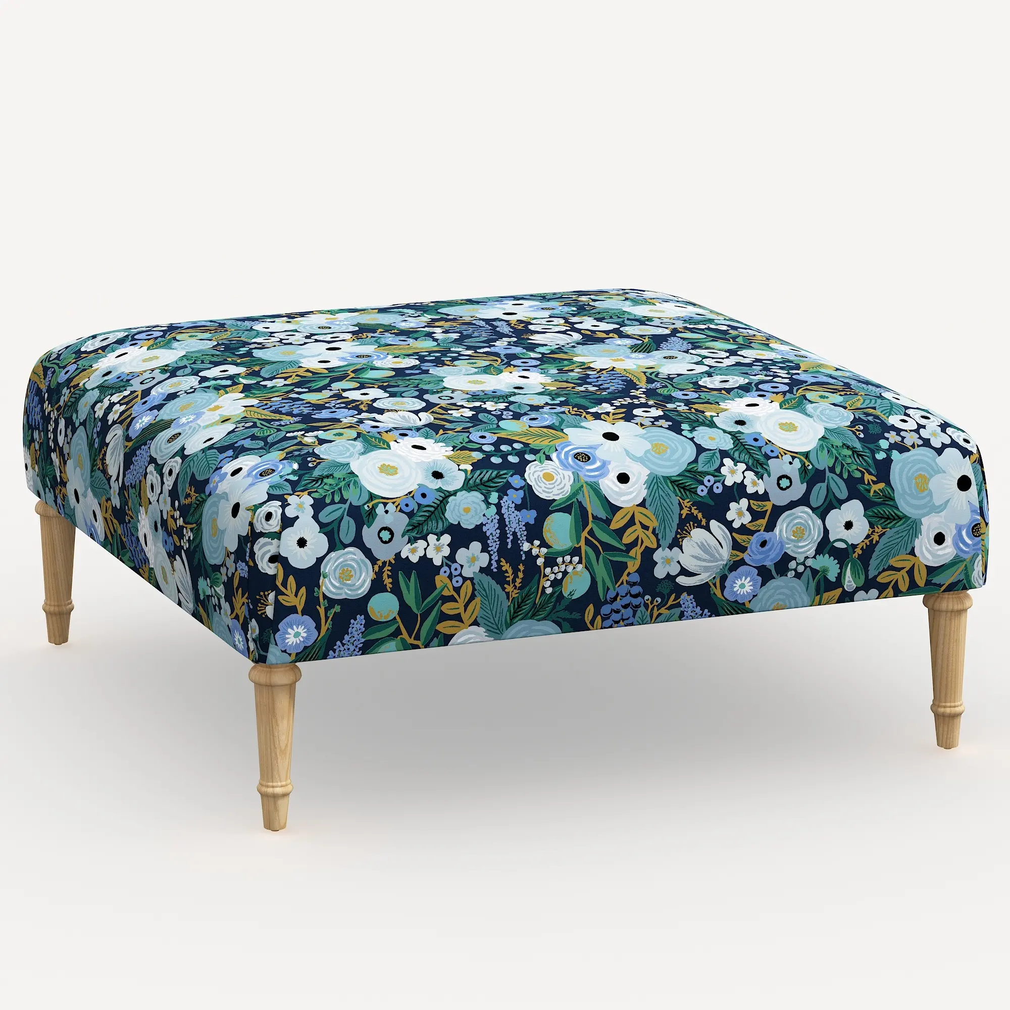 Rifle Paper Co. Greenwich Garden Party Blue Ottoman with Natural Legs