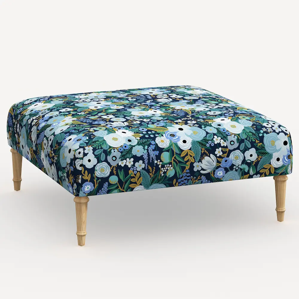 455FCNATRPCGRPRBLULCB Rifle Paper Co. Greenwich Garden Party Blue Ottoman with Natural Legs-1