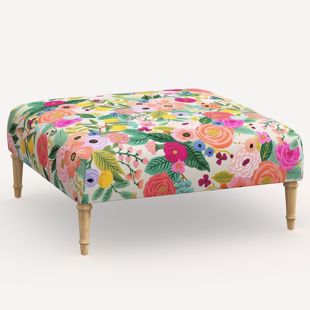 Rifle Paper Co. Greenwich Garden Party Pink Ottoman with Natural Legs