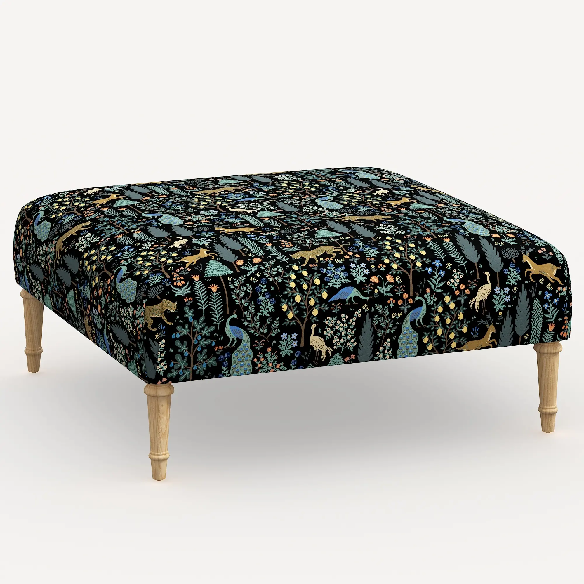 Rifle Paper Co. Greenwich Menagerie Black Ottoman with Natural Legs