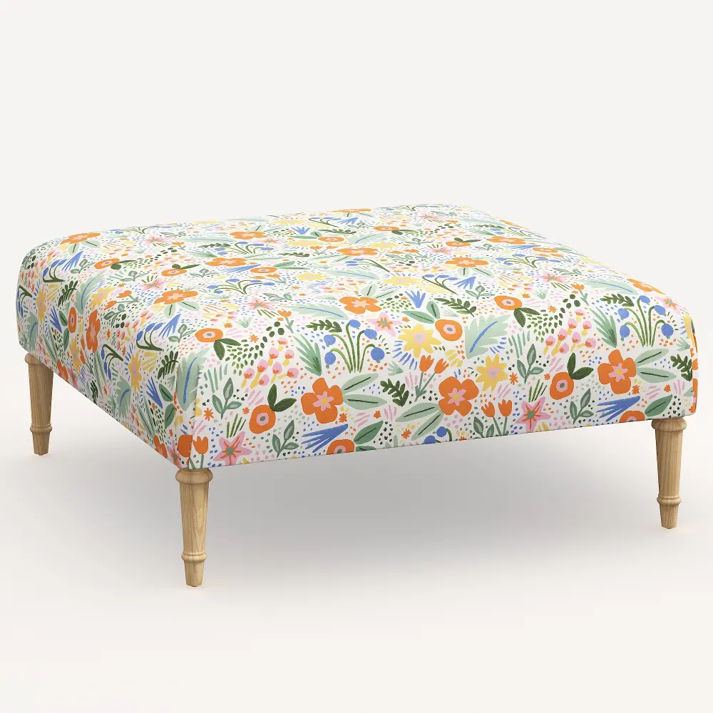 455FCNATRPCMRMLTLCB Rifle Paper Co. Greenwich Multi Color Floral Ottoman with Natural Legs-1